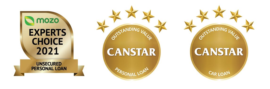 Mozo Experts Choice 2021 Unsecured Personal Loan Award & Canstar's 5-Star Rating for Outstanding Value Car Loan in the New Car & Used Car profile and Personal Loan in the Unsecured Personal Loan profile