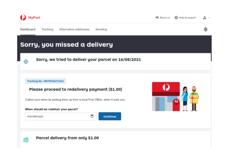 Fraudulent Australia Post missed delivery message example